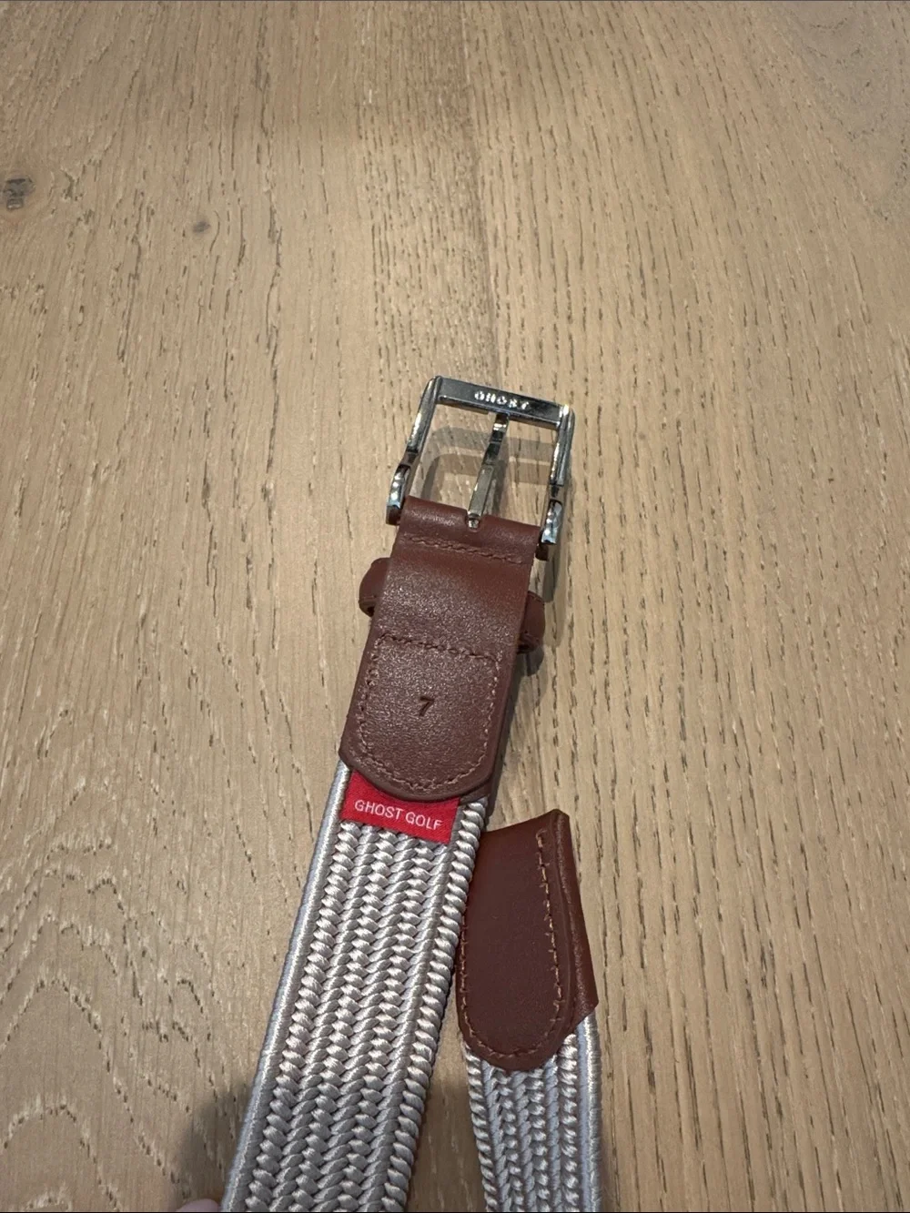Ghost Golf Men's Stretch Woven Belt with Brown Leather Trim - cream/tan color